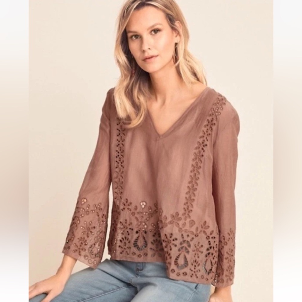 Johnny Was Brown Embroidered Blouse